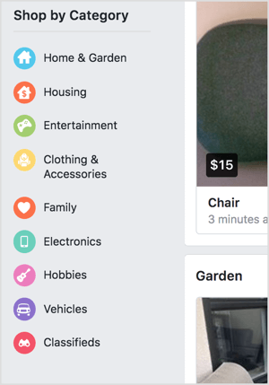 Facebook Marketplace vă permite să faceți cumpărături pe categorii.