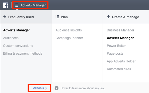 Navigați la meniul Manager Facebook Ads și selectați Toate instrumentele.