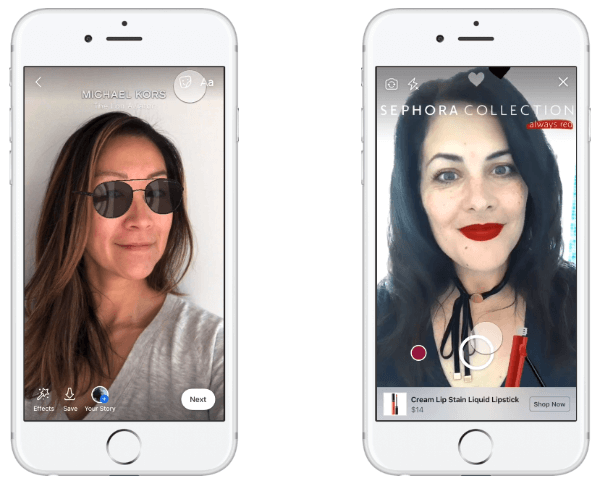 Michael Kors a fost primul brand care a testat reclame AR în News Feed, permițând oamenilor să încerce o pereche de ochelari de soare și să facă o achiziție pe baza experienței lor.