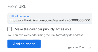 Adăugarea unui calendar Outlook la Google Calendar prin URL