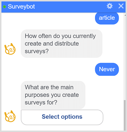 Un bot messenger pune o serie de întrebări ale sondajului.