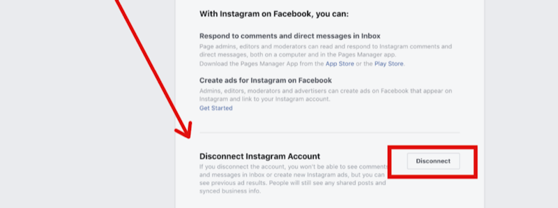 pasul 2 pentru deconectarea contului Instagram în setările paginii Facebook