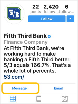 Profil Instagram pentru bancă cu buton de îndemn la mesaj.
