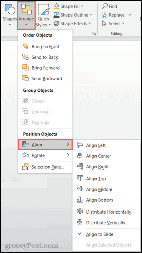 Fila Acasă, Aranjați, Aliniați obiecte în PowerPoint