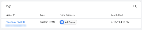 Utilizați Google Tag Manager cu Facebook, pasul 7, vedeți eticheta numită după Facebook Pixel