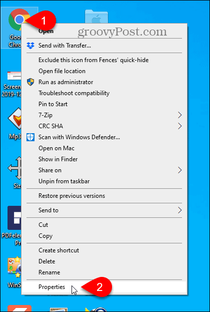Selectați Proprietăți pentru comanda rapidă pentru desktop Chrome