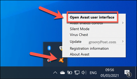 Deschiderea meniului utilizator Avast