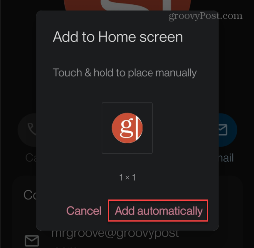 adăugați contact automat ecranul de pornire Android