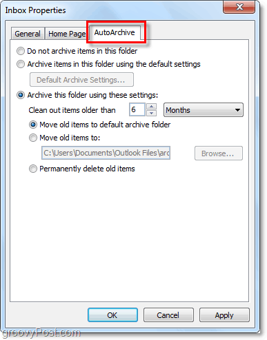 Fila folderului de arhivare automată Outlook 2010