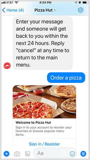 Pizza Hut automatizează comenzile de pizza prin intermediul botului Messenger.