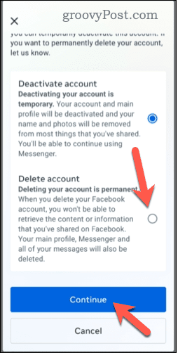 Alegerea de a șterge un cont Facebook de pe mobil