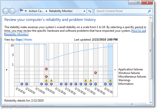 găsiți când începe o problemă în Windows 7, uitându-vă la date