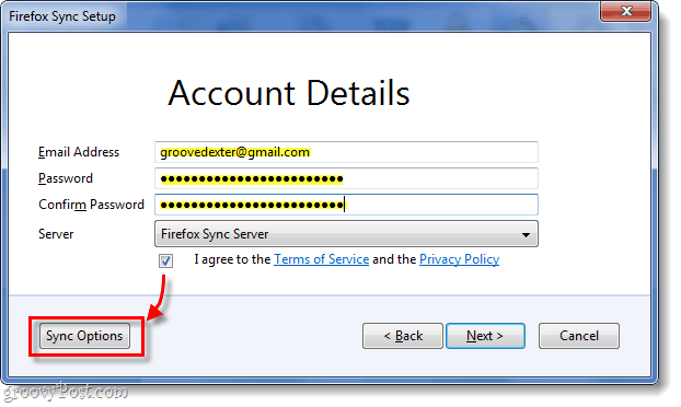 Intrarea detaliilor contului de sincronizare firefox, butonul de opțiuni de sincronizare