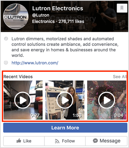 O previzualizare a paginii de Facebook care prezintă videoclipuri recente.