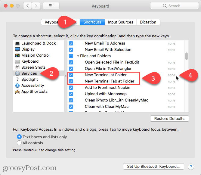 Faceți clic pe Niciunul pentru a adăuga o scurtătură la noul terminal la serviciul Folder de pe un Mac