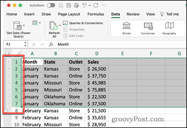 Grup de rânduri cu controale în Excel