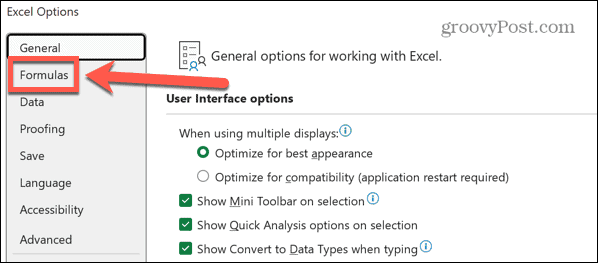 setările formulelor excel