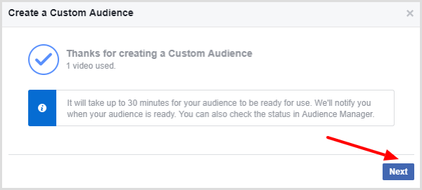 Facebook afișează un mesaj care confirmă că audiența dvs. personalizată a fost terminată.