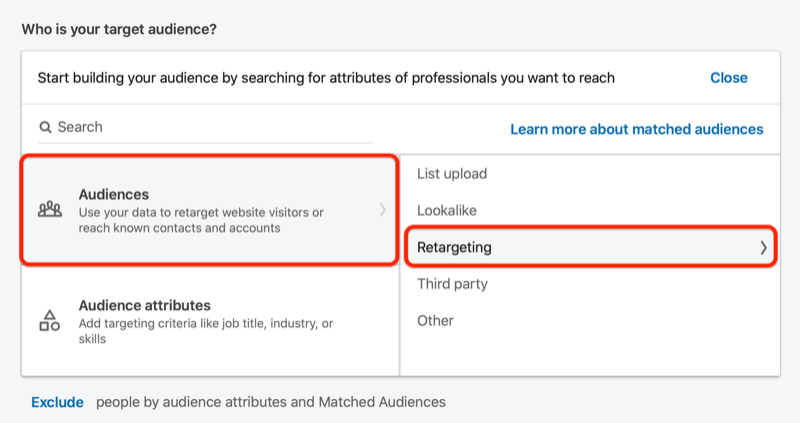 linkedin creează public țintă cu opțiunea de retargeting evidențiată