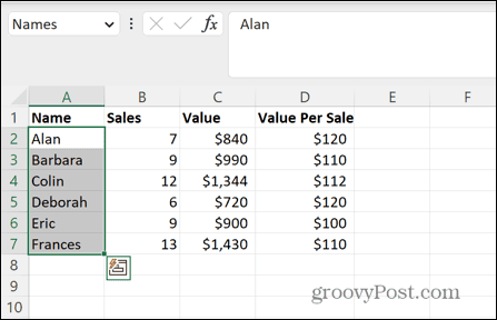 interval numit excel selectat