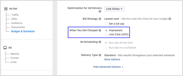 Alegeți Impression sau Link Clicks (CPC) în secțiunea Când primiți taxă din configurarea campaniei dvs. Facebook.