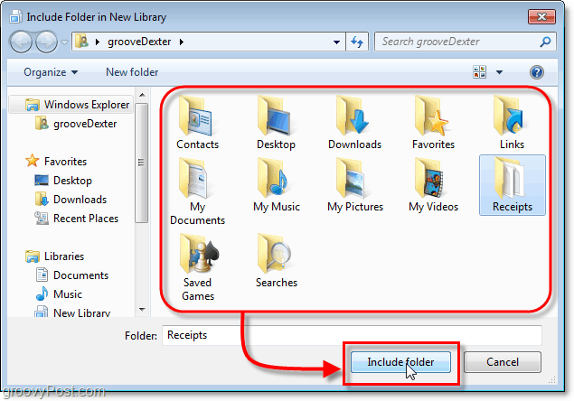 selectați un folder care să fie inclus în bibliotecile Windows 7