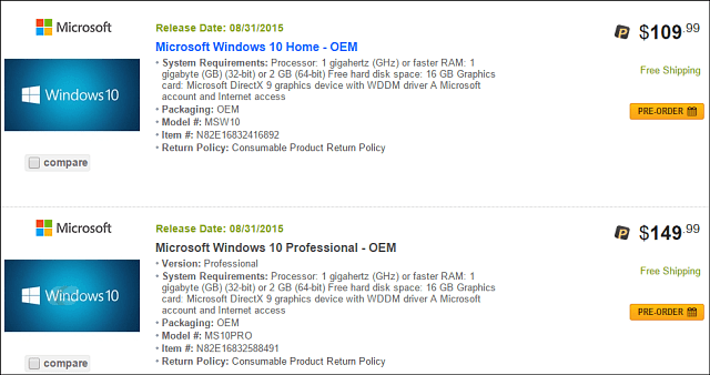 Windows 10 OEM costă 110 $ și 150 $ Conform Newegg