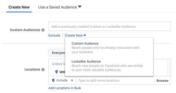 Opțiuni pentru a utiliza un public personalizat sau un public asemănător pentru o campanie publicitară pe Facebook.