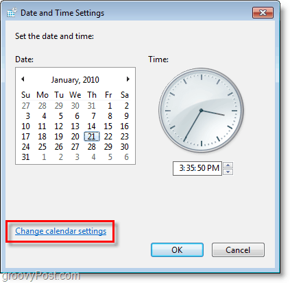 Captura de ecran Windows 7 - schimbați setările calendarului