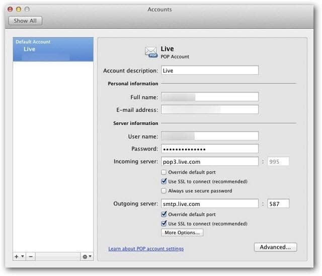 Microsoft Outlook Mac 2011: Configurați Windows Live Mail utilizând POP3