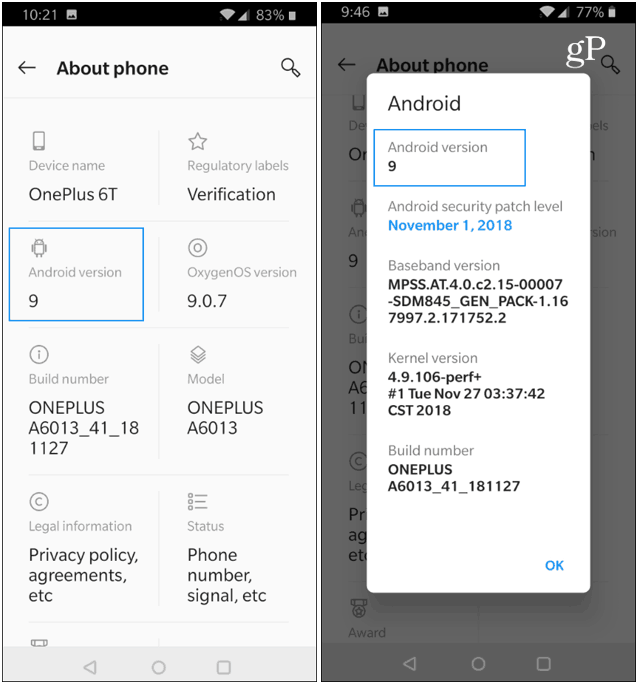 OnePlus Despre versiunea Android pentru telefon