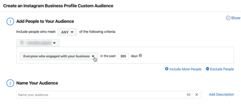 captură de ecran a ferestrei Creare profil Instagram de afaceri personalizat cu setările implicite ale tuturor celor care s-au implicat în afacerea dvs. în ultimele 365 de zile