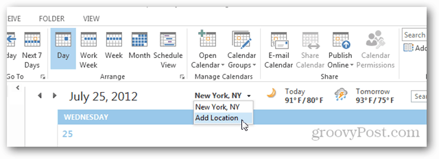 Outlook 2013 Calendar vreme turistică - Faceți clic pe Adăugare locație
