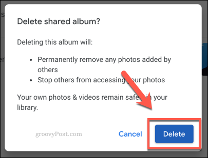 Confirmând ștergerea unui album comun Google Photos