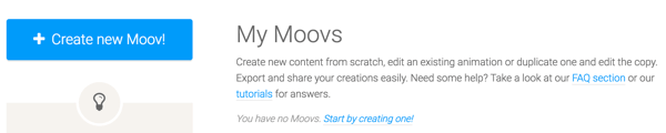 Faceți clic pe butonul Creați un nou Moov pentru a începe să utilizați Moovly.