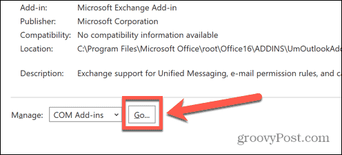 butonul Go pentru programul de completare Outlook