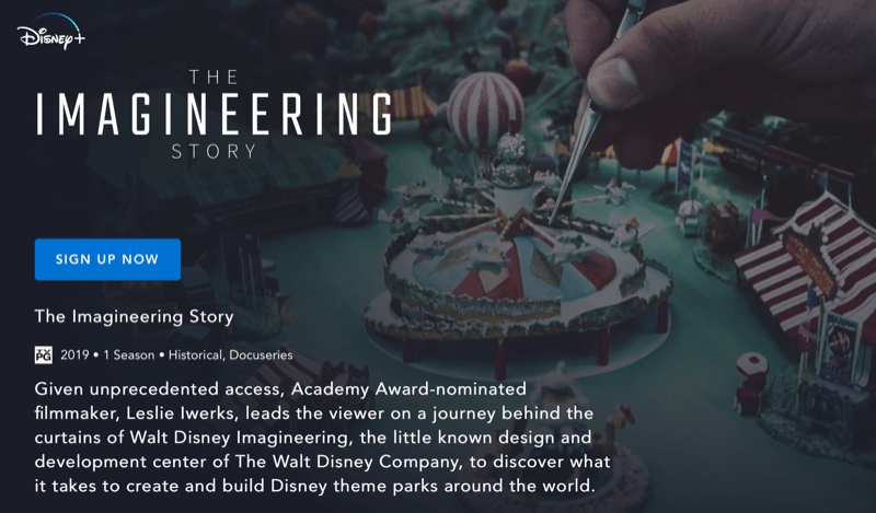 Pagina web Disney + pentru The Imagineering Story