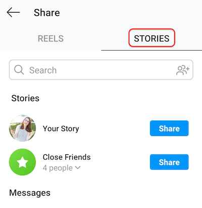 captură de ecran a ecranului de postare instagram care arată fila povești care permite distribuirea rolelor în povestea ta sau în lista de prieteni apropiați