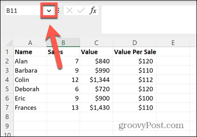 săgeată caseta de nume excel