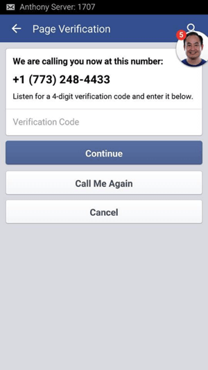 Așteptați apelul de la Facebook și scrieți codul de verificare din 4 cifre care vi se oferă.