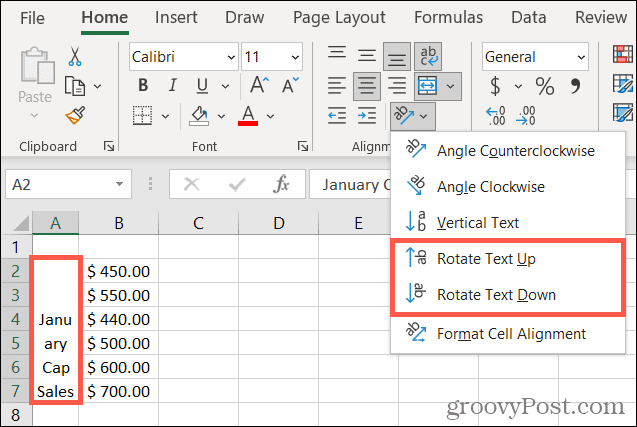 Rotiți textul în sus sau în jos în Excel