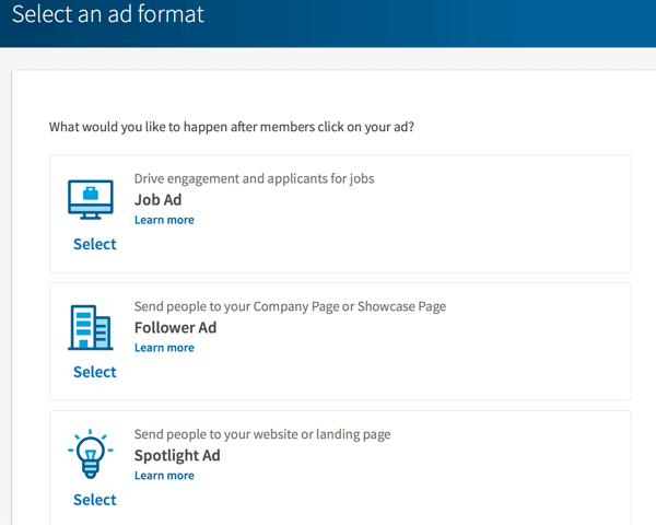 Opțiuni de format pentru anunțuri dinamice LinkedIn.