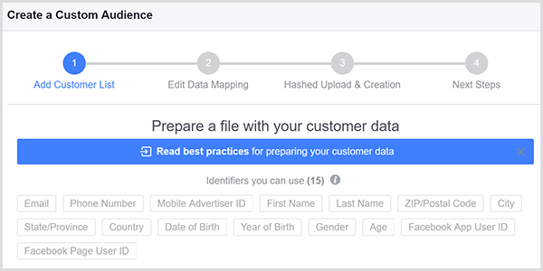 Caseta de dialog Facebook Create a Custom Audience are 15 puncte de potrivire diferite pentru datele clienților dvs., iar aceste puncte apar în casetele gri din caseta de dialog.