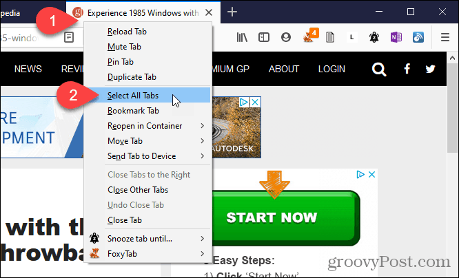 Alegeți Selectați toate filele din Firefox