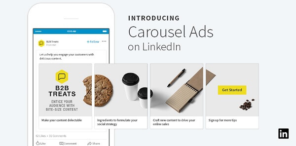 LinkedIn a lansat noi anunțuri carusel pentru conținut sponsorizat, care pot include până la 10 carduri personalizate, care pot fi glisate.