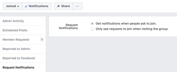 Activați notificările de la persoanele care solicită să se alăture grupului dvs. Facebook.