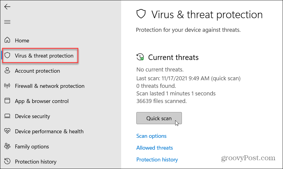Protecție împotriva virușilor și amenințărilor Windows 11