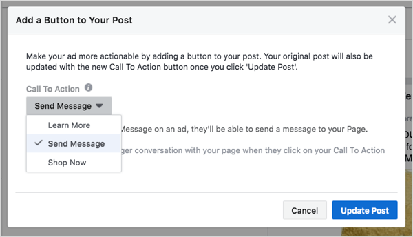 Selectarea butonului Facebook Messenger în crearea anunțurilor.
