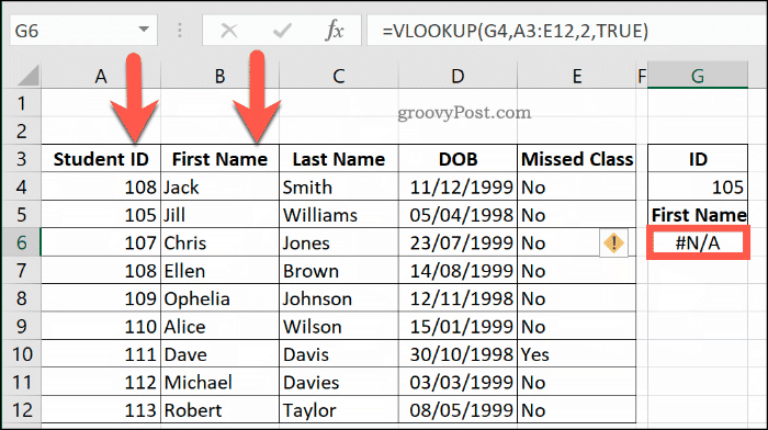 Un alt exemplu de eroare NA cu VLOOKUP în Excel, datorită faptului că un interval de date nu este sortat corect