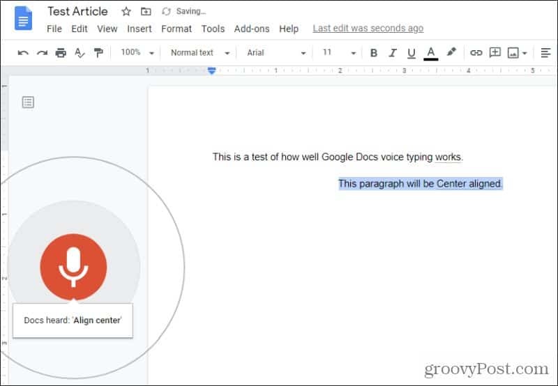 nou paragraf cu tastare vocală Google Docs